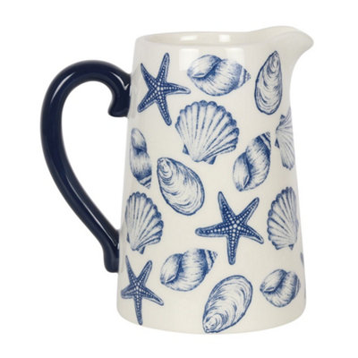 Something Different Coastal Charm Seashells Ceramic Flower Jug White/Blue (18cm x 12cm x 17cm)