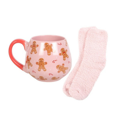 Something Different Gingerbread Man Mug and Sock Set Pink/Brown/Red (One Size)