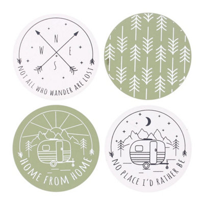 Something Different Happy Camper Coaster Set (Pack of 4) Green/White/Brown (One Size)