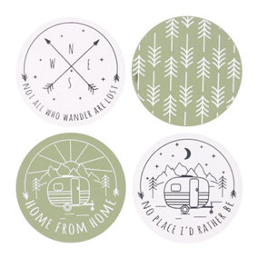 Something Different Happy Camper Coaster Set (Pack of 4) Green/White/Brown (One Size)