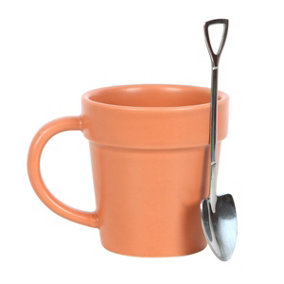 Something Different Plant Pot Ceramic Mug & Spoon Set Orange/Silver (One Size)