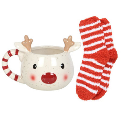 Something Different Rudolph Reindeer Mug and Sock Set White/Red (One Size)