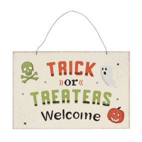 Something Different Trick Or Treaters Welcome Halloween Hanging Sign Cream/Green/Orange (One Size)