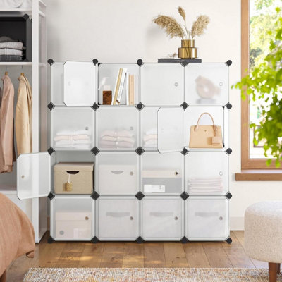 SONGMICS 16-Cube DIY Storage Rack, Stackable Closet Shelving Unit, PP Plastic Cubes, Shoe Organizer, Wardrobe Divider, White