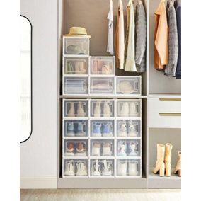 SONGMICS 18 Shoe Organizing Boxes, Stackable Storage Solution, Versatile, Foldable and Adaptable, Transparent and White