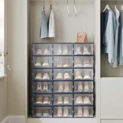 SONGMICS 18 Storage Boxes Stackable Shoe Storage Foldable Versatile Containers Transparent Charcoal Blue DIY at B Q