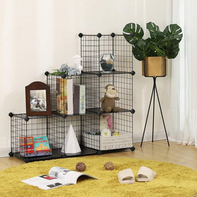 SONGMICS 6-Cube Wire Grid Storage Rack, Interlocking Shelving Unit with Metal Mesh Shelves and PP Plastic Sheets, Black