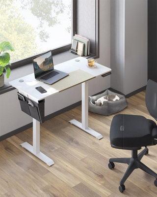 SONGMICS Adjustable Standing Desk, Electric Height Control, Splice Top Table, 4 Height Options, Simply White and Beige