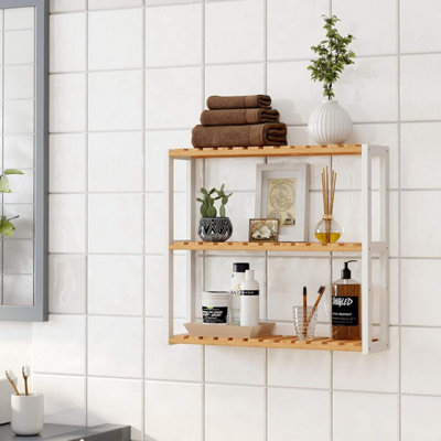 SONGMICS Bamboo Bathroom Shelf, 3-Tier Adjustable Plants Rack, Wall-Mounted or Stand, Room, Balcony, Kitchen, Natural and White