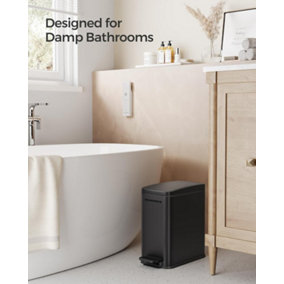 SONGMICS Bathroom Bin, Small Bin with Lid, Pedal Toilet Bin, Slim for Small Spaces, Steel, Soft Close, Black