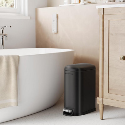 SONGMICS Bathroom Bin, Small Bin with Lid, Pedal Toilet Bin, Slim for Small Spaces, Steel, Soft Close, Ink Black