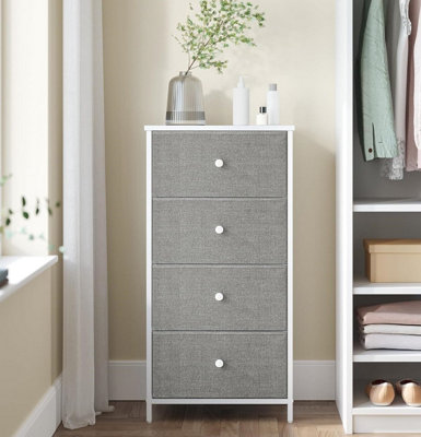 SONGMICS Bedroom Drawer Chest, Cloth Storage Unit, Dresser with 4 Fabric Drawers, Metal, Slim, Dove Grey and Cream White