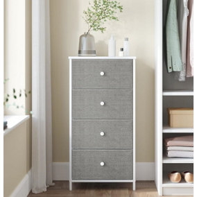 SONGMICS Bedroom Drawer Chest, Cloth Storage Unit, Dresser with 4 Fabric Drawers, Metal, Slim, Dove Grey and Cream White