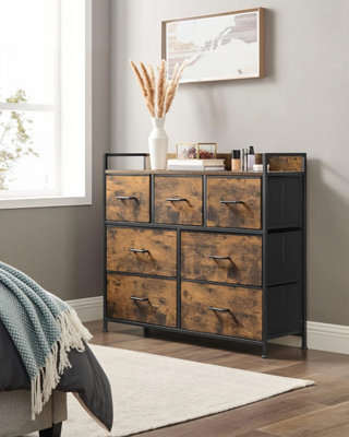 SONGMICS Bedroom Organizer, Chest of 7 Fabric Drawers, Metal Framed Cabinet, Rustic Brown and Ink Black