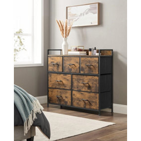 SONGMICS Bedroom Organizer, Chest of 7 Fabric Drawers, Metal Framed Cabinet, Rustic Brown and Ink Black