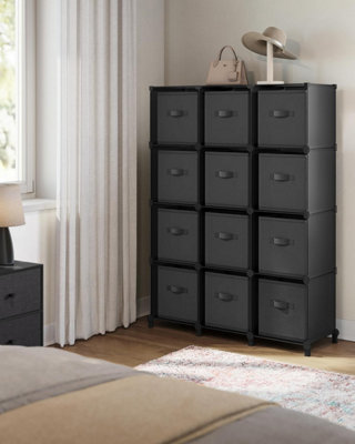 SONGMICS Black and Grey 12-Cube Storage Organiser Unit, Features Non-Woven Fabric Cubes for Efficient Shelf Organization