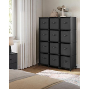 SONGMICS Black and Grey 12-Cube Storage Organiser Unit, Features Non-Woven Fabric Cubes for Efficient Shelf Organization