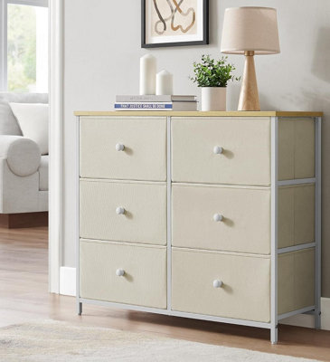 SONGMICS Chest of Drawers, 6 Fabric Drawers with Metal Frame, Storage Organiser Unit, Dresser, Camel Yellow and Cream White