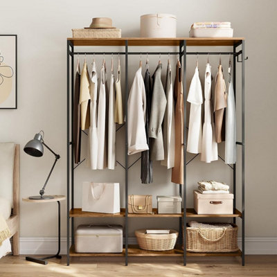 SONGMICS Closet Rails, Clothing Storage Wardrobe, Rack, Foldable, Freestanding, Wide, Hanging Rail, Rustic Brown