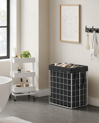 SONGMICS Clothes Hamper, Basket, Collapsible, Laundry Hamper, Removable and Washable Liner, Metal Wire, Silver and Classic Black