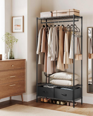 SONGMICS Clothes Rack, Heavy-Duty Garment Rack, Clothing Rack with Mesh Shelf, 2 Drawers, Hanging Rail, Hooks, Ink Black