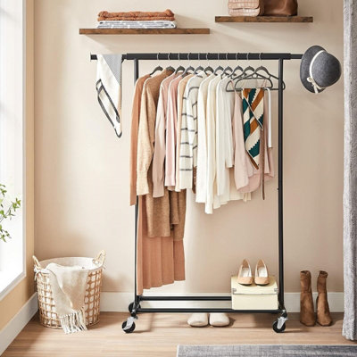 SONGMICS Clothes Rack on Wheels, Heavy Duty Clothes Rail, with Extendable Hanging Rail, Easy Assembly, Portable, Black
