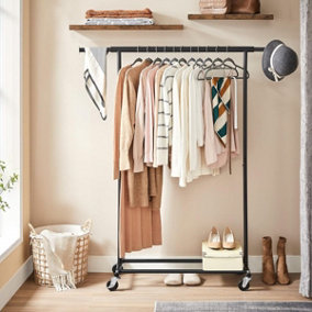 SONGMICS Clothes Rack on Wheels, Heavy Duty Clothes Rail, with Extendable Hanging Rail, Easy Assembly, Portable, Black