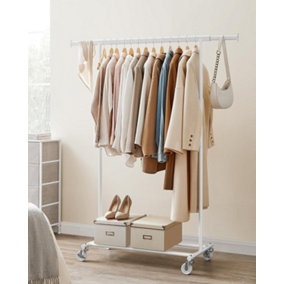 SONGMICS Clothes Stand on Casters, Robust Garment Rack, Expandable Clothes Rod, Effortless Setup, Mobile Convenience, White