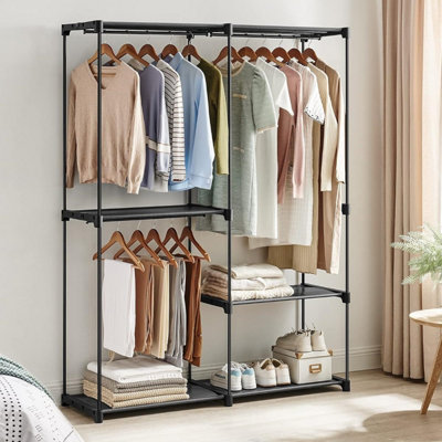 SONGMICS Clothes Wardrobe, Portable Closet, Clothes Garment Rack, 3 Hanging Rods and Shelves, Large Capacity, Ink Black