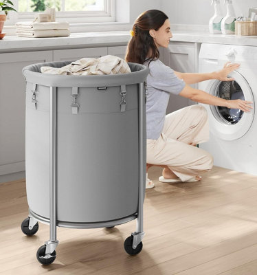 SONGMICS Clothing Hamper, Rolling Storage Basket, Laundry Basket, Round Laundry Cart, Spacious, Grey and Silver