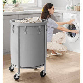 SONGMICS Clothing Hamper, Rolling Storage Basket, Laundry Basket, Round Laundry Cart, Spacious, Grey and Silver