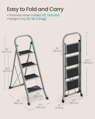 SONGMICS Compact 4-Step Folding Ladder, Features Safety Lock and Space-Saving Design for Convenient Storage, Dove Grey