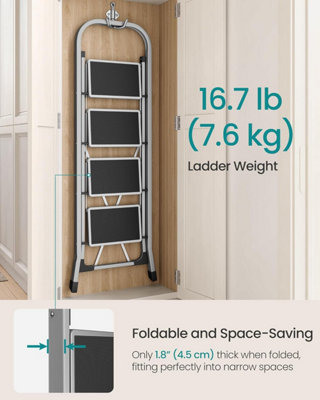 SONGMICS Compact 4-Step Folding Ladder, Features Safety Lock and Space-Saving Design for Convenient Storage, Dove Grey