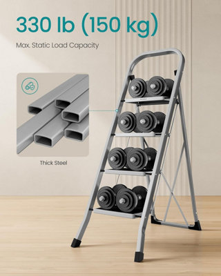 SONGMICS Compact 4-Step Folding Ladder, Features Safety Lock and Space-Saving Design for Convenient Storage, Dove Grey