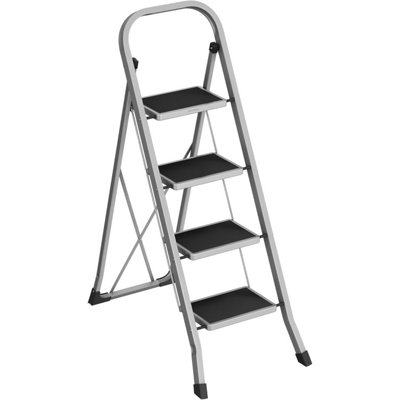 SONGMICS Compact 4-Step Folding Ladder, Features Safety Lock and Space-Saving Design for Convenient Storage, Dove Grey