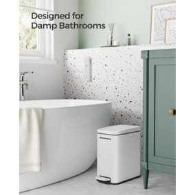 SONGMICS Compact Bathroom Trash Bin, Pedal-Operated with Lid, Soft Close, Steel, Designed for Small Spaces, White