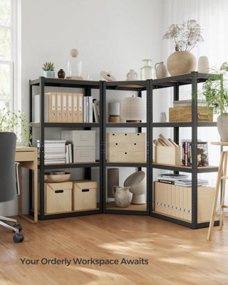 SONGMICS Corner Shelf 4-Tier, Garage Shelving, Heavy Duty Metal Shelving Units, Ink Black and Natural Beige