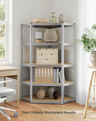 SONGMICS Corner Shelf, Heavy Duty Metal Shelving Unit, 5-Level Garage Storage Rack, Silver and Natural Beige