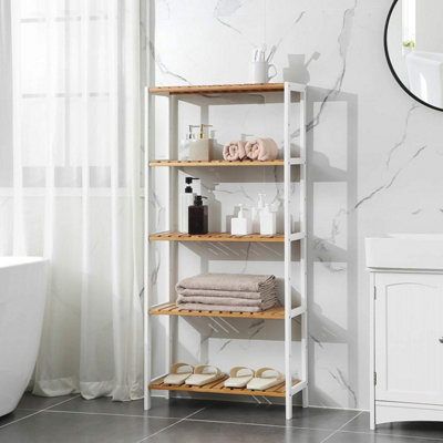 SONGMICS Customizable Bamboo Display Unit, 5-Tier Storage Solution with Adjustable Levels, Modern Home Organizer, White and Wood