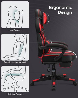SONGMICS Desk Chair, Gaming Office Chair Featuring Footrest, Ergonomic Headrest and Lumbar Support, Black and Red