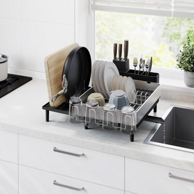 SONGMICS Dish Drainer Rack, Expandable Dish Drying Rack, Stainless Steel Kitchen Dish Rack with Rotatable Spout, Silver and Black