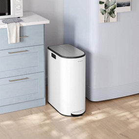 SONGMICS Double Kitchen Bin, Compact Dual Compartment Slim Bin for Recycling and Waste, Pedal Bin, Cloud White and Silver