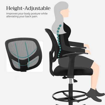 SONGMICS Drafting Stool Chair with Armrest, Mesh Office Chair, Ergonomic Painting Chair with Height Adjustable Footrest, Black