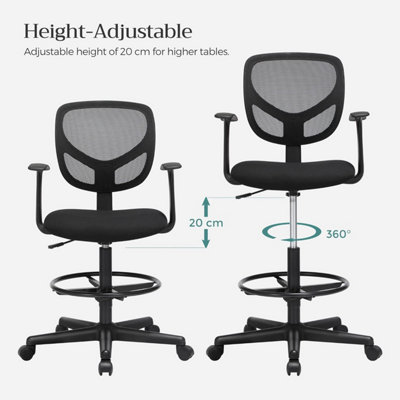 SONGMICS Drafting Stool Chair with Armrest, Mesh Office Chair, Ergonomic Painting Chair with Height Adjustable Footrest, Black