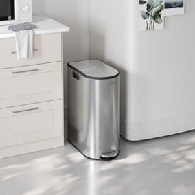 SONGMICS Dual Compartment Recycling Bin, Large Capacity, Slim Kitchen Trash Can for Waste, Pedal Bin, Metallic Silver