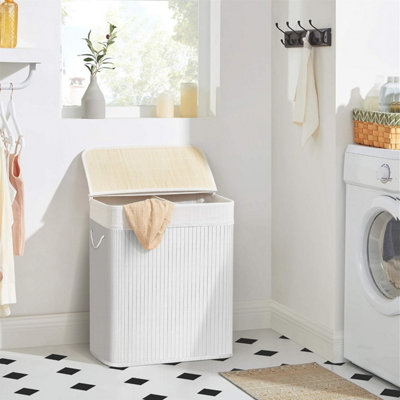 SONGMICS Dual-Section Bamboo Hamper, Organized Laundry Storage with Removable Liner, White