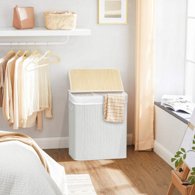 SONGMICS Dual-Section Bamboo Hamper, Organized Laundry Storage with Removable Liner, White