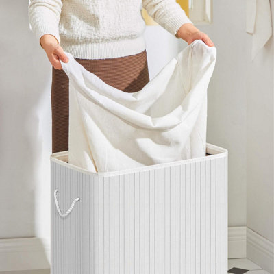 SONGMICS Dual-Section Bamboo Hamper, Organized Laundry Storage with Removable Liner, White