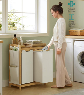 SONGMICS Dual-Section Laundry Center, Divided Hamper with Extra Storage Features, Cream White