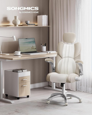 SONGMICS Ergonomic Office Chair with Adjustable Headrest & Tilt Function, Foldable Armrests, Locking Castors, Gaming, Cream White